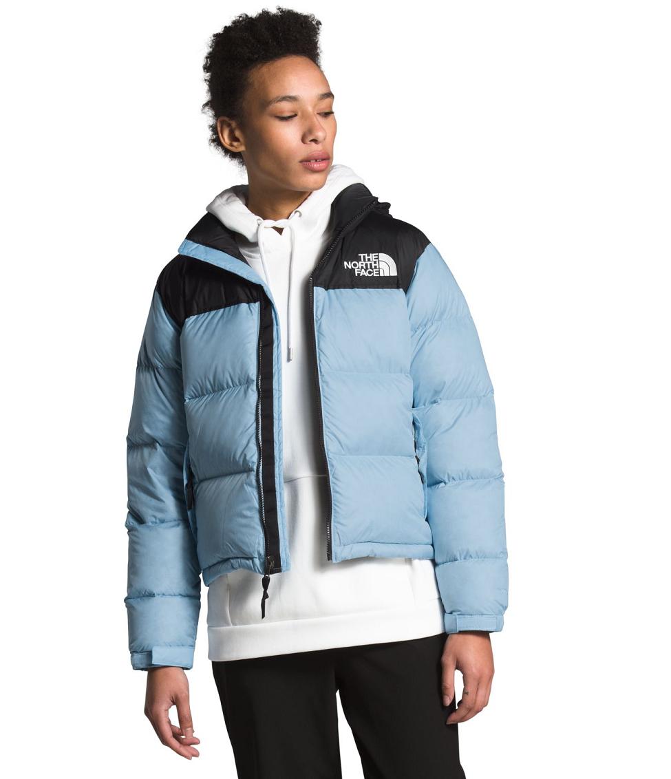 north face white and blue jacket