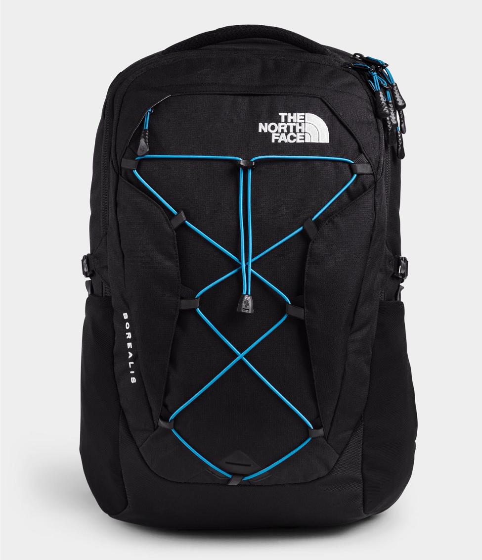 black and blue north face backpack