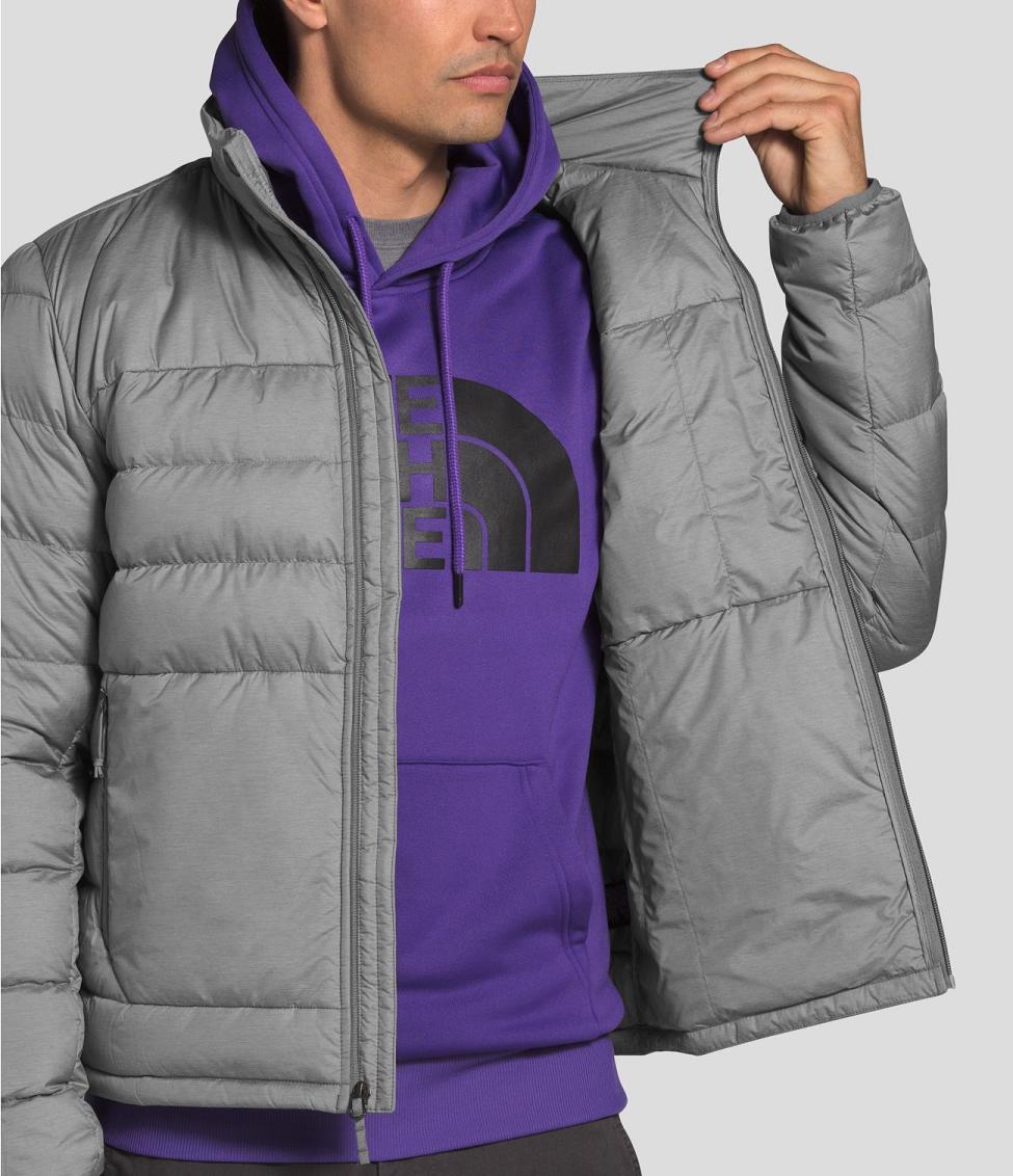 grey and purple north face jacket